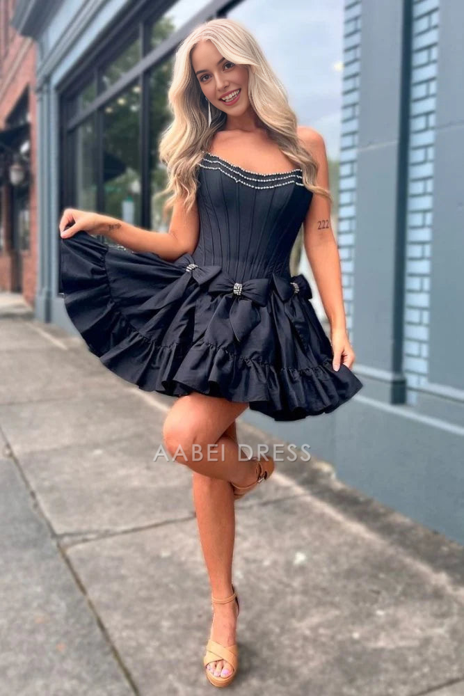 AABEI DRESS New Homecoming Dress Cute Satin A-Line Bateau Strapless Beaded With Bows Fashion Short Prom Dresse