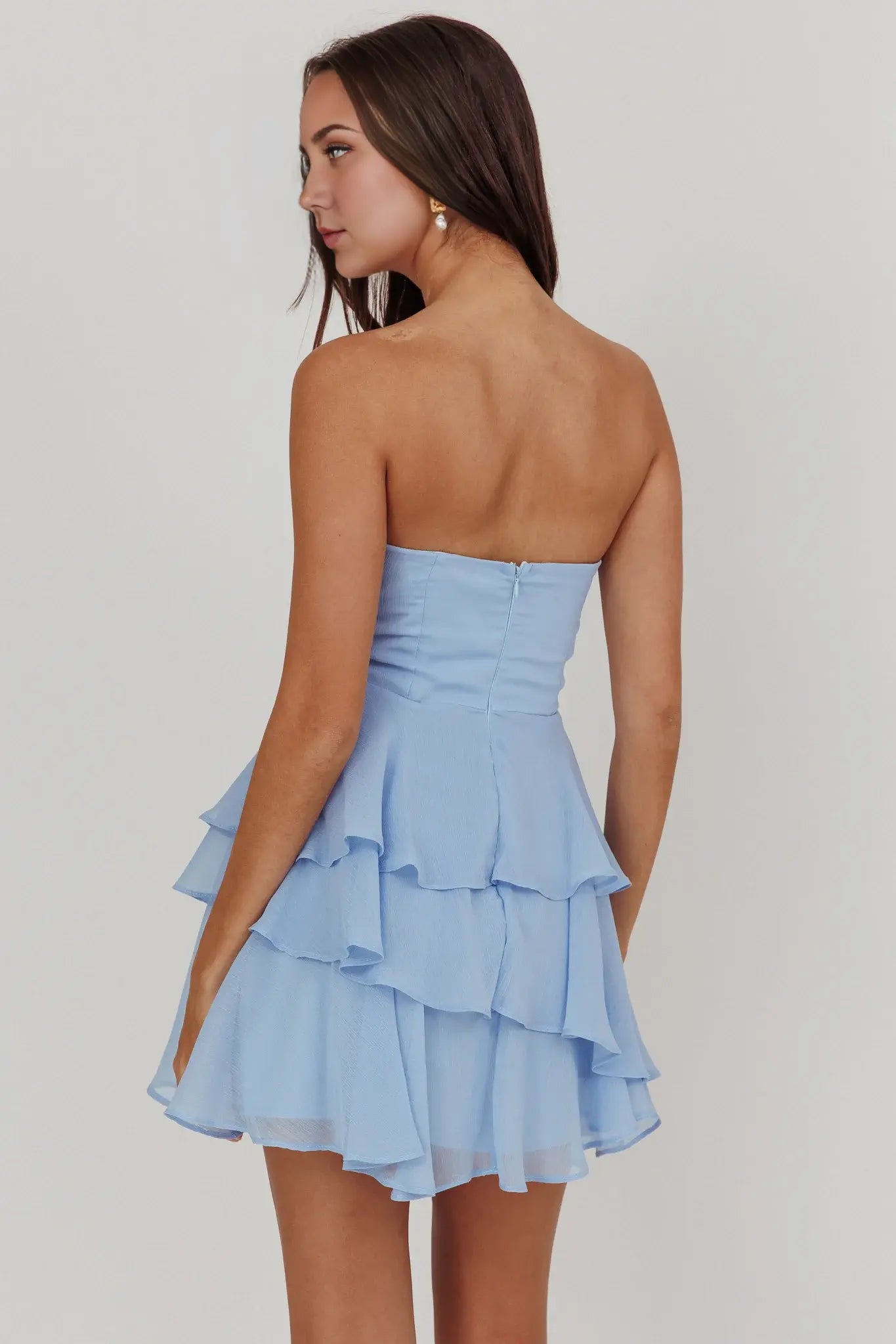Fashion Blue A Line Strapless Pleated Corset Layering Ruffle Backless Mini Dress Hot Sale Homecoming Dress
