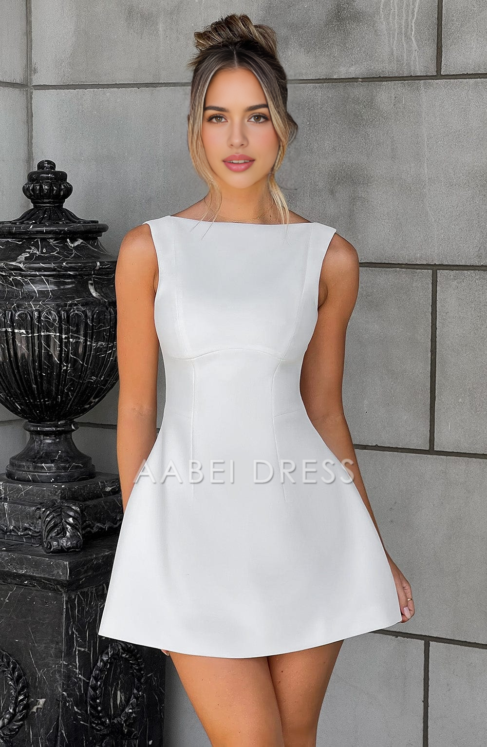 AABEI DRESS Hot Sale Homecoming Dress Fashion Boat Shape Neckline Empire Sleeveless Backless Mini Dress Short Prom Dresse