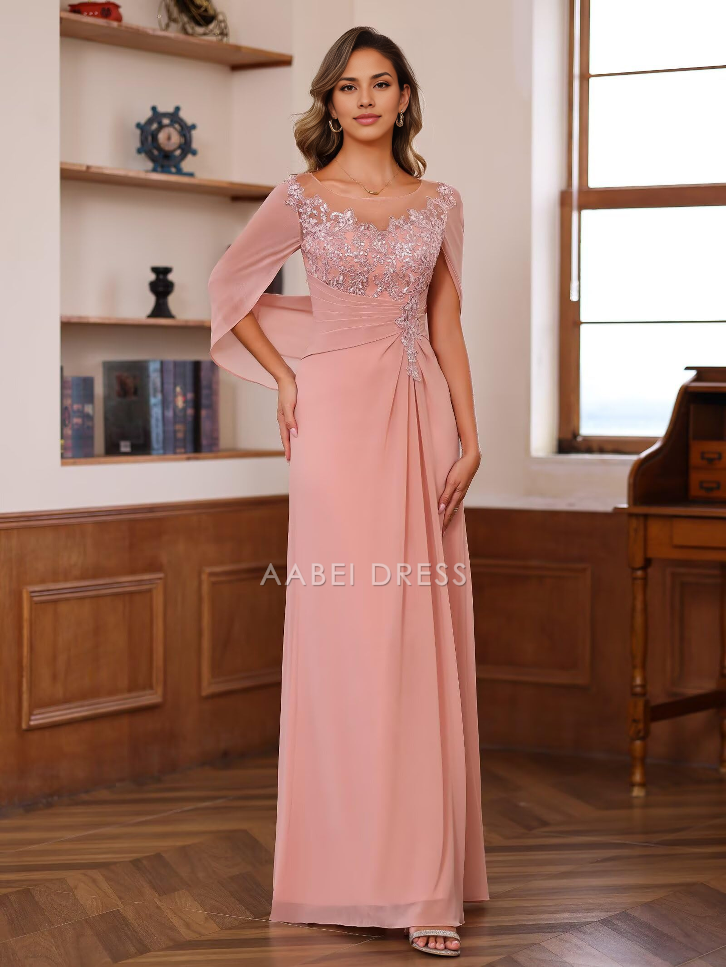 AABEI DRESS High Quality Mother of The Bride Dress Lace Long Women Pleated Sequin Cape Scoop Illusion Chiffon Dresses Formal Dresses