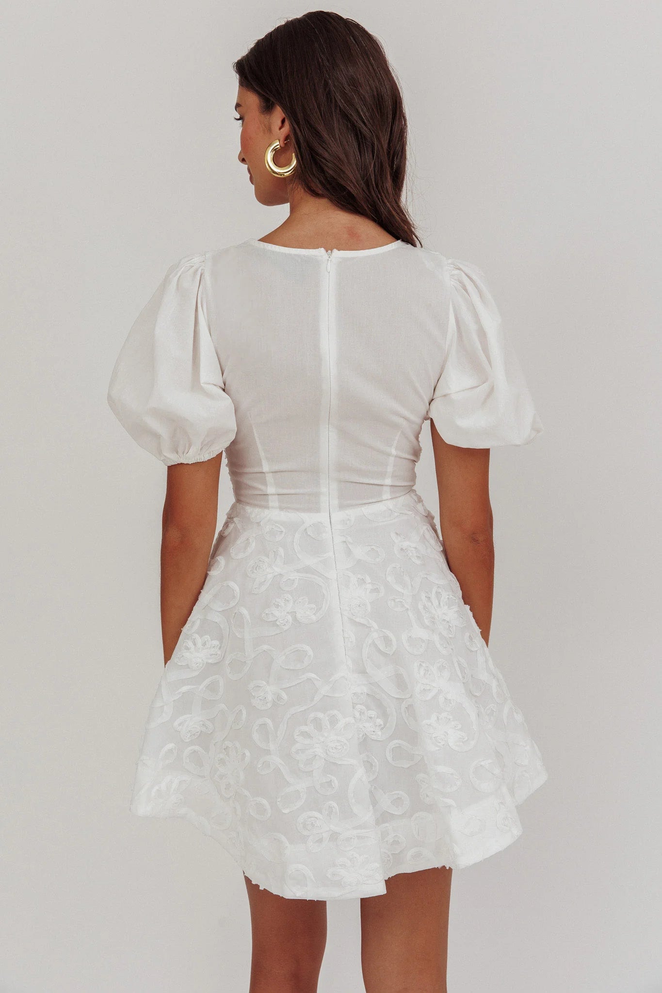 Chic A Line V-Neck Puff Sleeve Jacquard White Cute Mini Dress Hot Sale Homecoming Dress