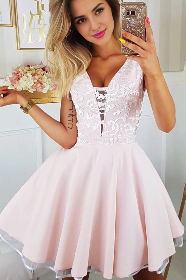 AABEI DRESS New Homecoming Dress A-line Deep V-neck Sexy Appliques Sleeveless Junior Dresses Cute Short Prom Dress
