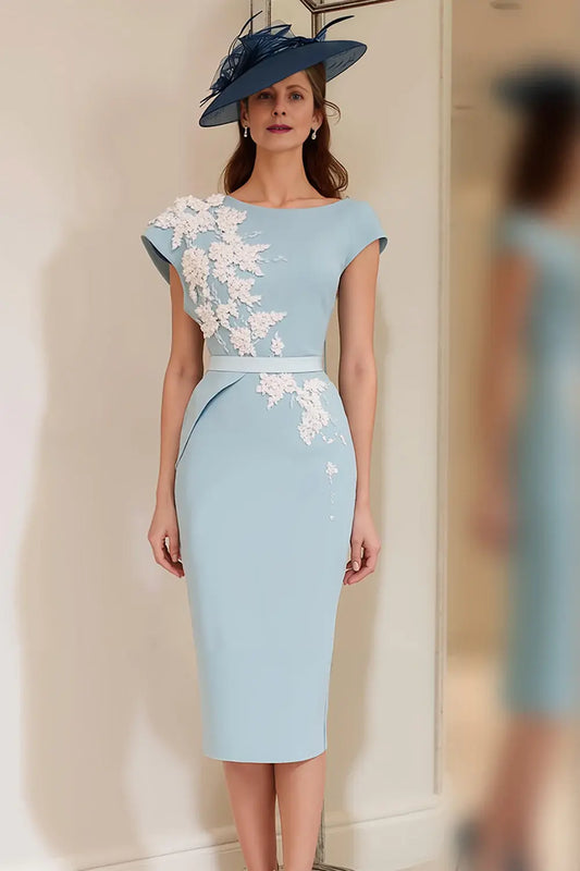 Light Blue Elegant Bodycon Boat Neck Cap Sleeve Waist Cincher with Slit Floral Retro Wedding Guest Dress For Women New Style Mother of the Bride Dress