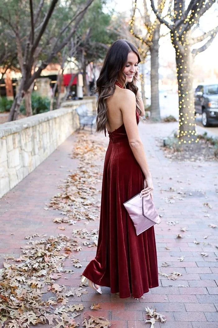 Burgundy Velvet A-Line Halter neckline Backless Floor-Length Dress