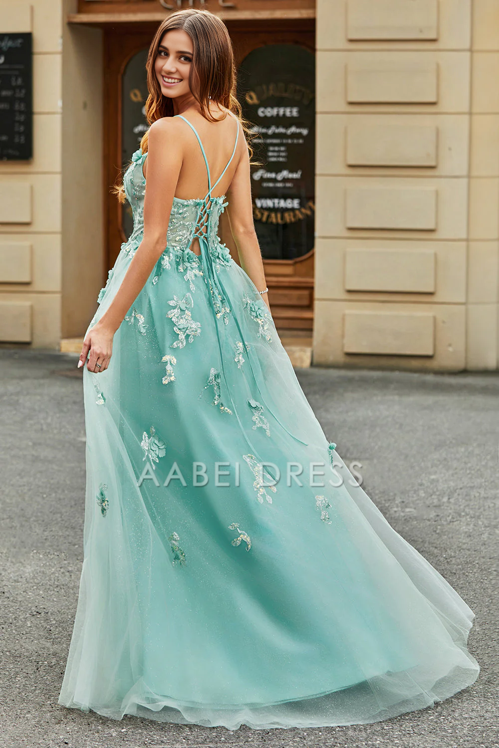 AABEI DRESS Hot Sale Prom Dress Exquisite A-Line Spaghetti Strap Tulle Corset Backless With Appliques Formal Dress