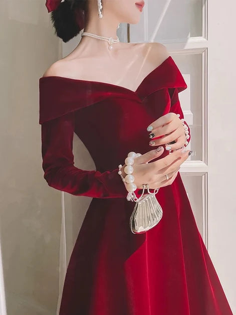 Elegant A-line Off Shoulder Long Sleeve Lace Up Long Bridesmaid Gown