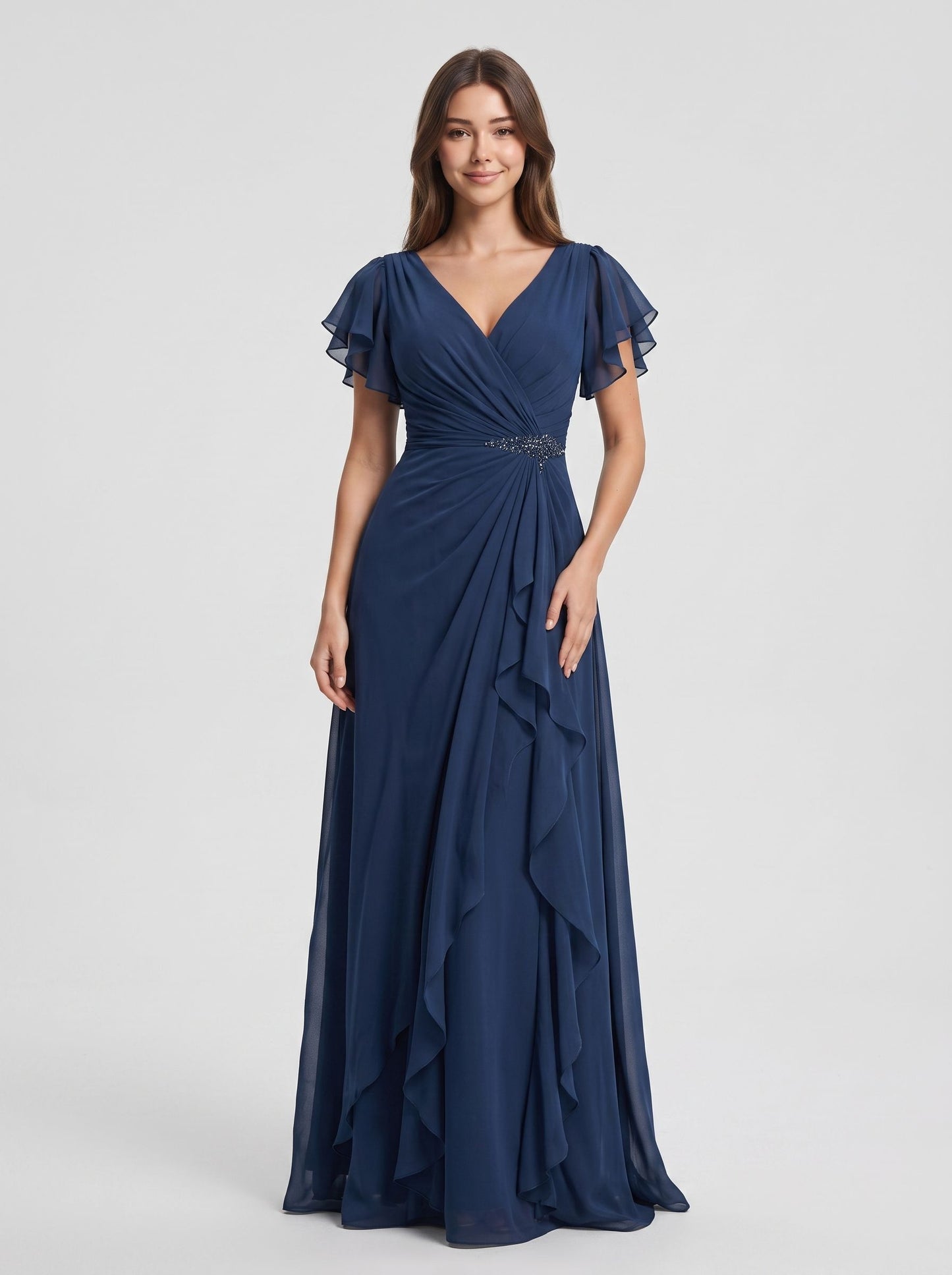 Dark Navy Chiffon A-Line V-Neck Back Zip Floor-Length Dress