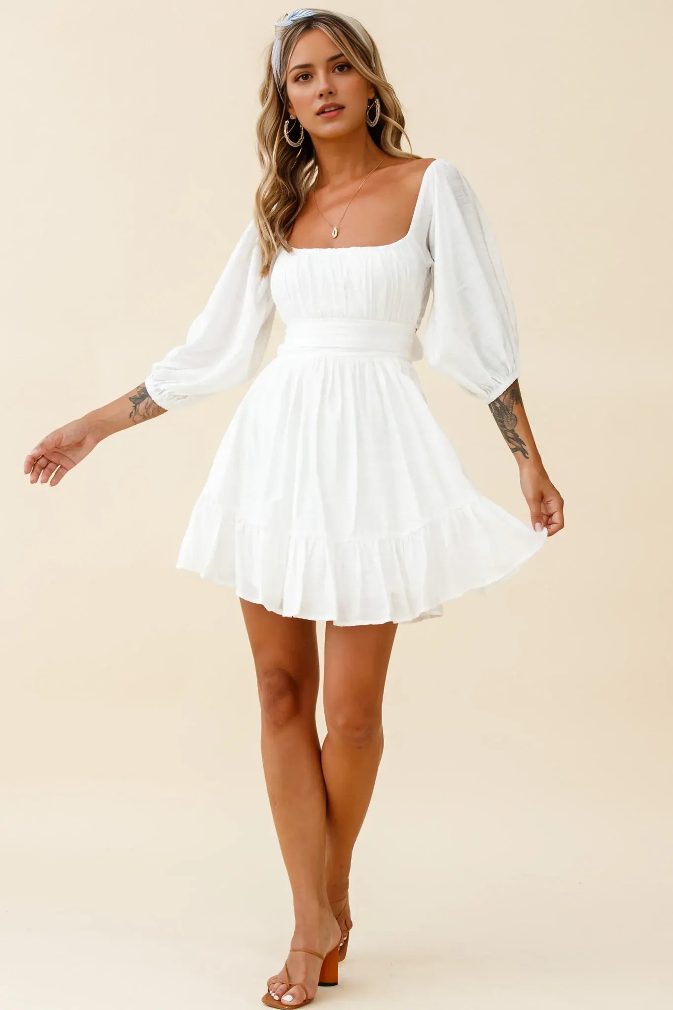Elegant A Line Square Neck Balloon Sleeves Tie-Up Backless Pleated Dress Blush Sweet Mini Dress Hot Sale Homecoming Dress