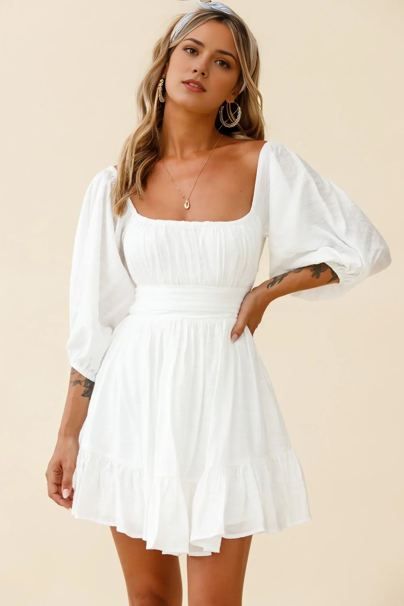 Elegant A Line Square Neck Balloon Sleeves Tie-Up Backless Pleated Dress Blush Sweet Mini Dress Hot Sale Homecoming Dress