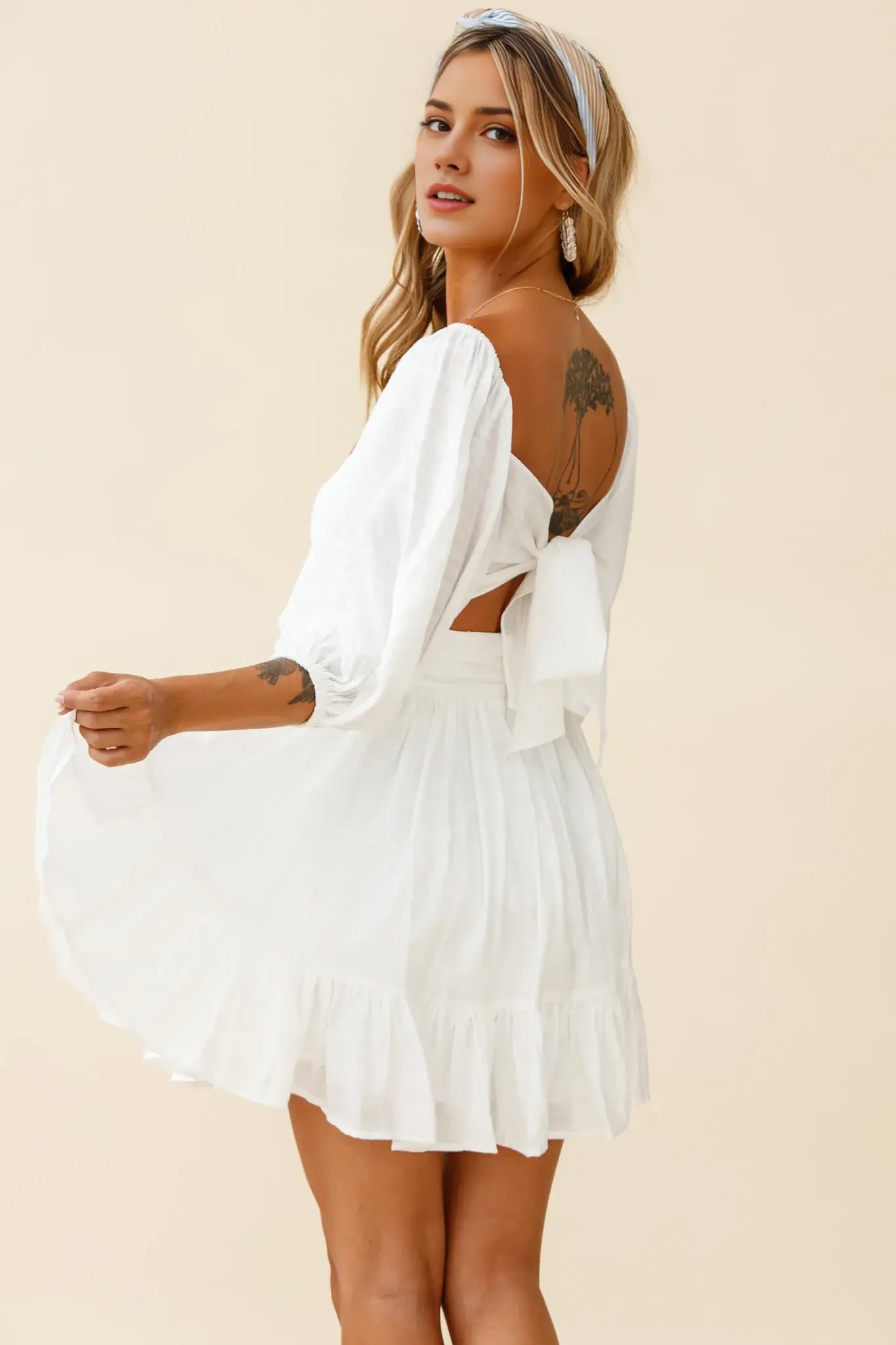 Elegant A Line Square Neck Balloon Sleeves Tie-Up Backless Pleated Dress Blush Sweet Mini Dress Hot Sale Homecoming Dress