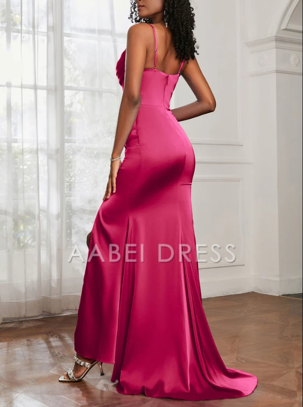 AABEI DRESS Mermaid Cowl Neck Spaghetti Straps Pleated Backless Side Fork Elegant Temperament Evening Dress