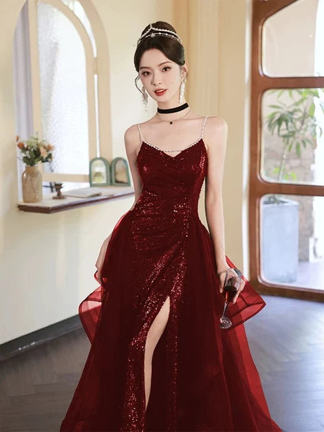 Sparkly A-line V-neck Spaghetti Strap Open Back Slit Long Prom Gown