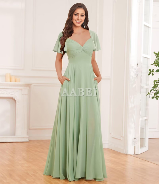 Formal Wear Dresses Bridesmaid Dresses V-Neck Chiffon Ruffles Side Fork Long Elegant Exquisite Wedding Guest Dresses