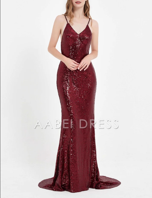 AABEI DRESS Charming Mermaid V Neck Spaghetti Straps Backless Lace up Bodycon Sequin Dress Sweep Train Sparkle Evening Dress