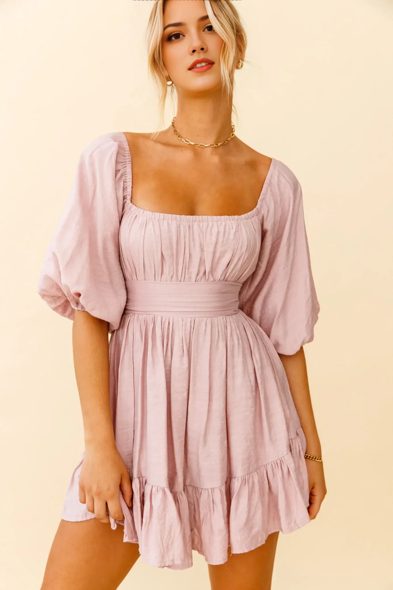 Elegant A Line Square Neck Balloon Sleeves Tie-Up Backless Pleated Dress Blush Sweet Mini Dress Hot Sale Homecoming Dress