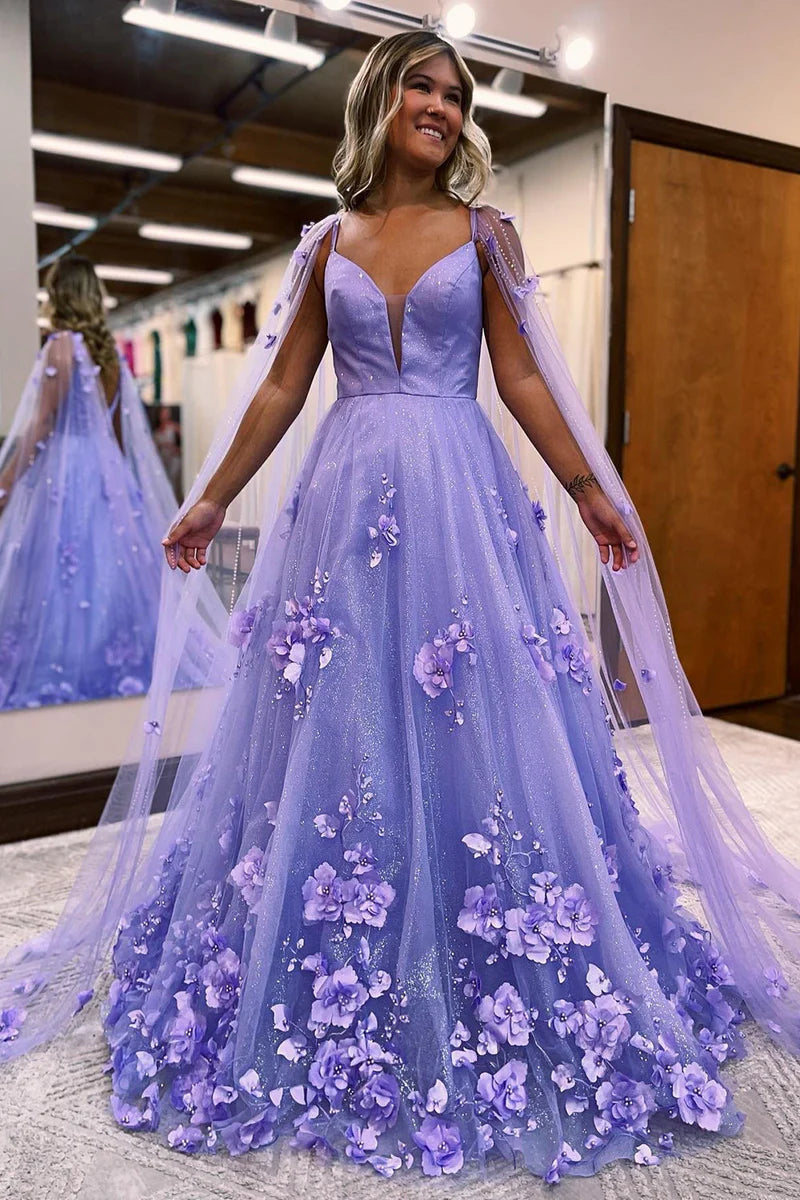 prom dress with sleeve cape Prom Dress Lavender Floral Lace A-Line with Cape Sleeves A Line Sweeth –  Aabei Dress
