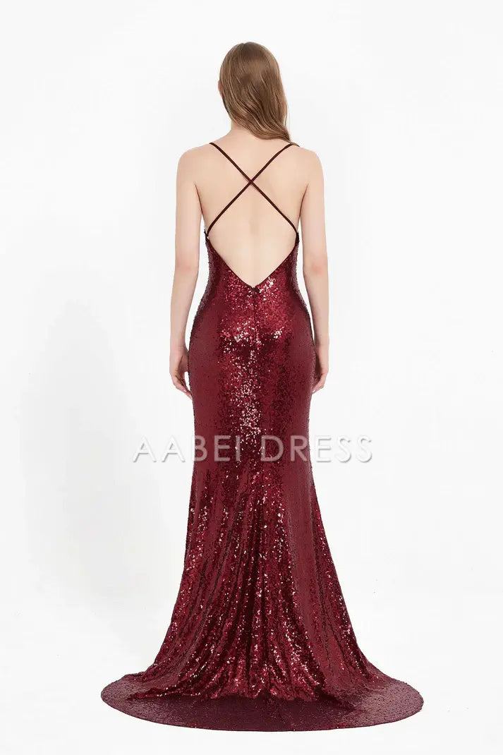 AABEI DRESS Charming Mermaid V Neck Spaghetti Straps Backless Lace up Bodycon Sequin Dress Sweep Train Sparkle Evening Dress