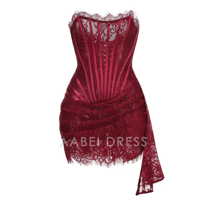 AABEI DRESS New Homecoming Dress Sexy Lace Dress Solid Color Sheer High Waist Elegant Printed Strapless Slim Evening Dress Prom Dress