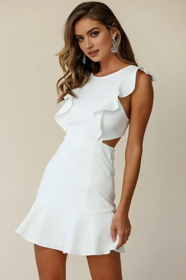 Elegant Sheath Round Neck Wide Ruffle Strap Sleeveless Hem Pinafore Backless Dress Blue Mini Dress Hot Sale Homecoming Dress