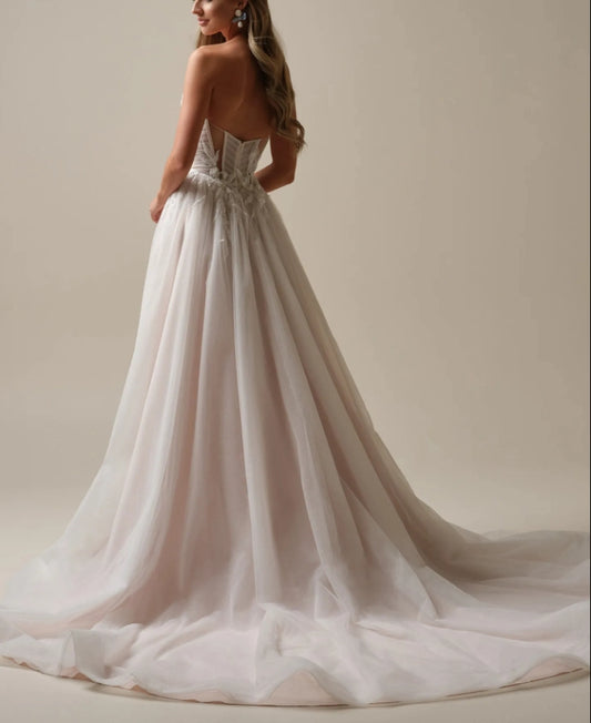 Wedding Dress A-Line Sweetheart Neckline Off-the-Shoulder Sleeveless 3-D Floral Beaded Bridal Gown Formal Wear Dress
