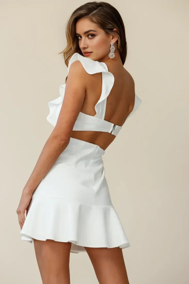 Elegant Sheath Round Neck Wide Ruffle Strap Sleeveless Hem Pinafore Backless Dress Blue Mini Dress Hot Sale Homecoming Dress