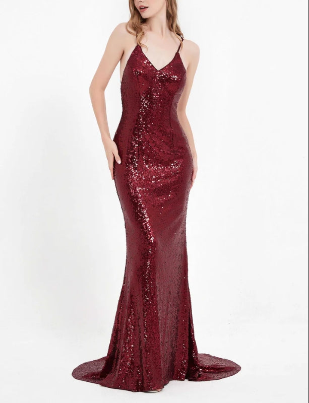 AABEI DRESS Charming Mermaid V Neck Spaghetti Straps Backless Lace up Bodycon Sequin Dress Sweep Train Sparkle Evening Dress