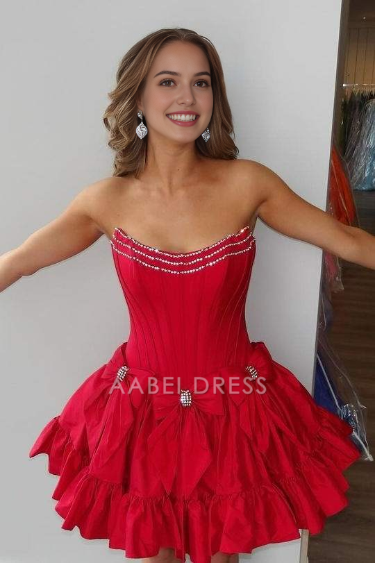 AABEI DRESS New Homecoming Dress Cute Satin A-Line Bateau Strapless Beaded With Bows Fashion Short Prom Dresse