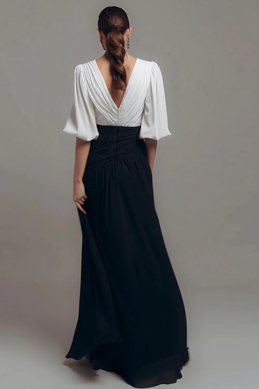 Wedding Guest Dress Black and White Chiffon Sheath V-Neck Half Sleeve Pleated V Back Elegant Long Mother of the Bride Dress