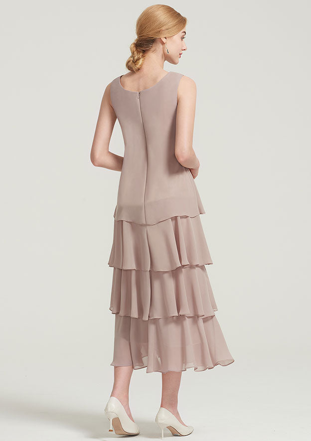 Fashion Wedding Guest Dresses Chiffon A-line Scoop Neck Sleeveless With Long Sleeves Jacket Lace Appliqued Layered Ruffles Tea-Length Bargain Mother of the Bride Dress