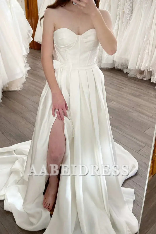 AABEI DRESS High Quality Sweet Wedding Dress Strapless Empire-Waist Sleeveless Satin Side Fork Long Elegant Formal Dresses