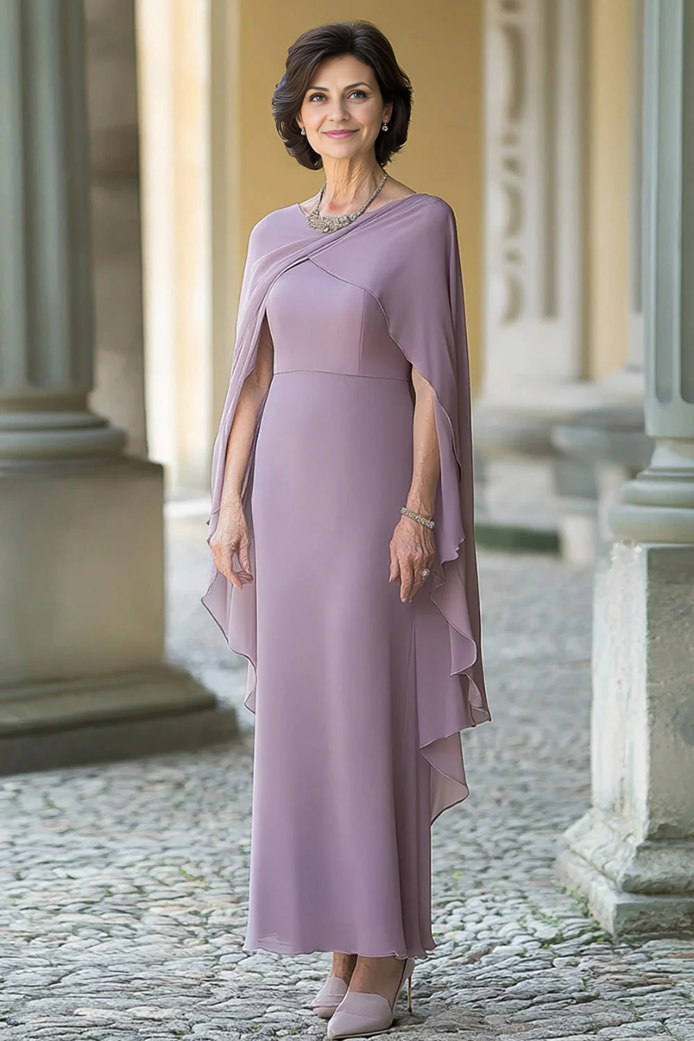AABEI DRESS Mother Of The Bride Dress Sheath Chiffon Cape Sleeves Long Elegant Formal Wear Dresses