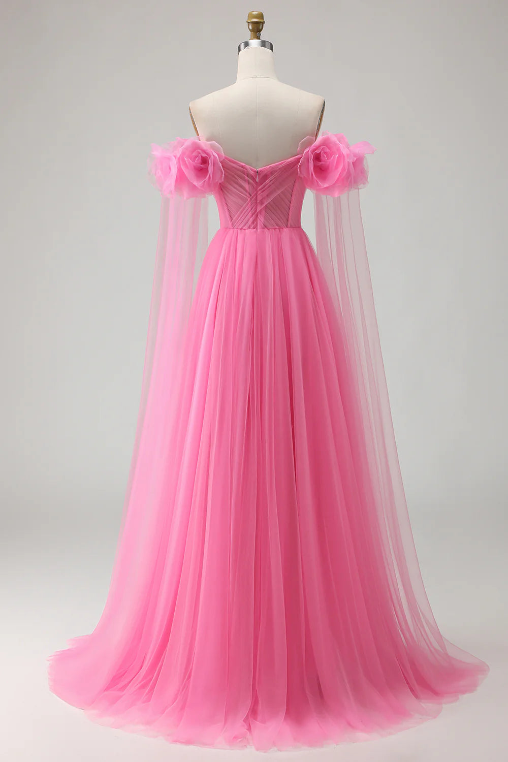 Romantic Prom Dress Hot Pink Tulle A Line Off the Shoulder Sweetheart Neckline with 3D Flowers Sleeveless Ruched Backless Bargain Long Wedding Guest Dress