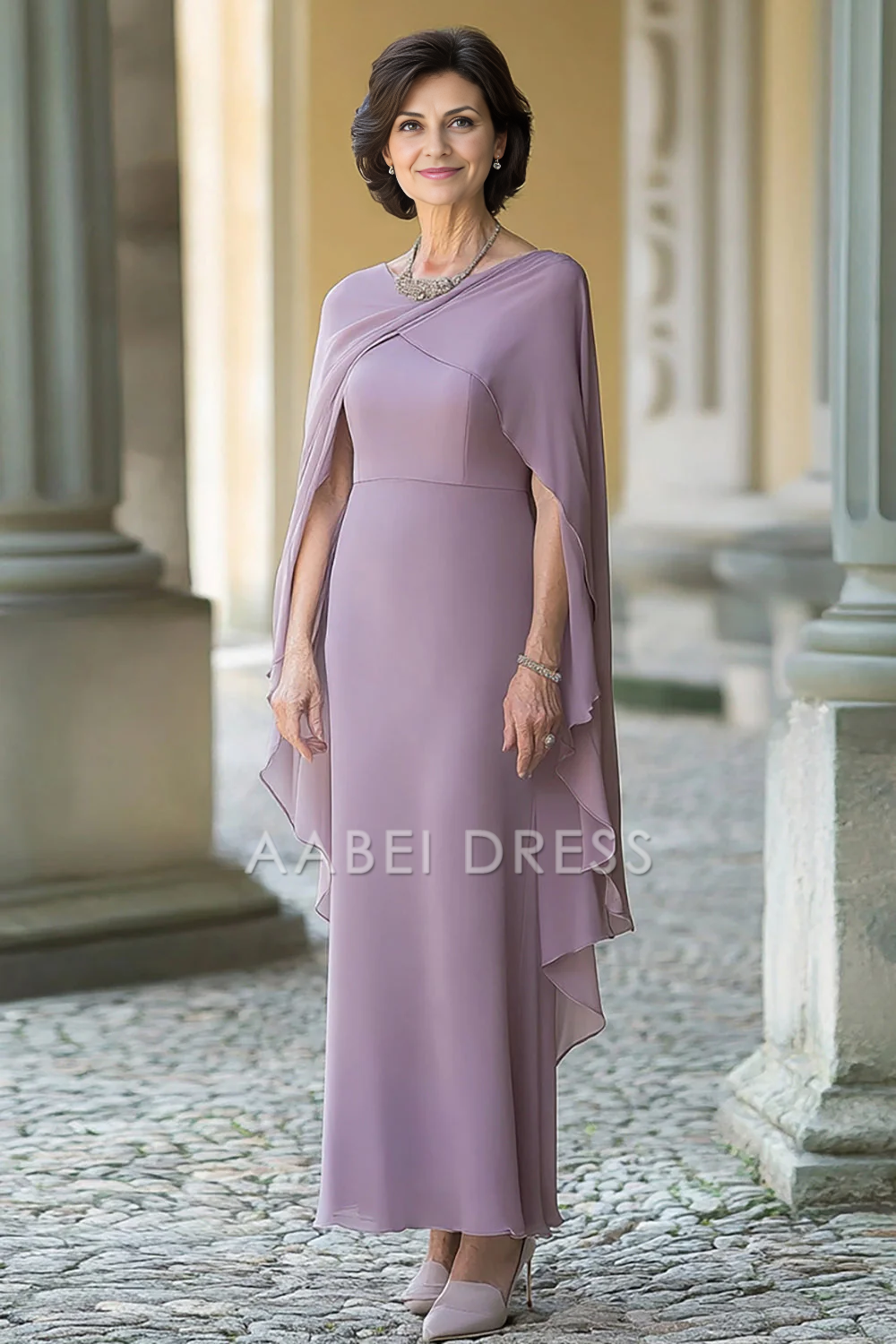AABEI DRESS Mother Of The Bride Dress Sheath Chiffon Cape Sleeves Long Elegant Formal Wear Dresses