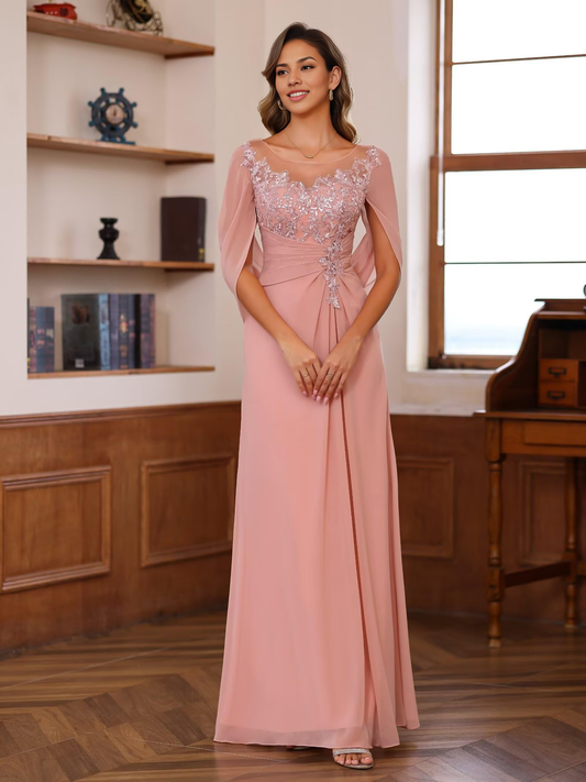AABEI DRESS High Quality Mother of The Bride Dress Lace Long Women Pleated Sequin Cape Scoop Illusion Chiffon Dresses Formal Dresses