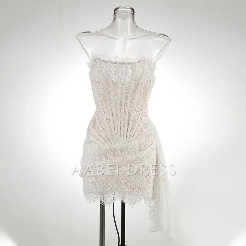 AABEI DRESS New Homecoming Dress Sexy Lace Dress Solid Color Sheer High Waist Elegant Printed Strapless Slim Evening Dress Prom Dress