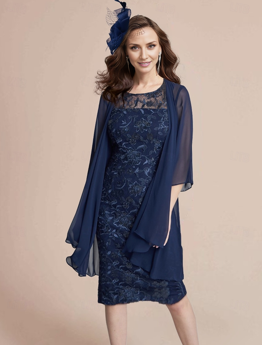 AABEI DRESS Wedding Guest Dress Elegant Two Piece Sheath Jewel Neck 3/4 Length Sleeve Knee Length Lace Wrap Included Jacket Dresses Retro Mother of the Bride Dress