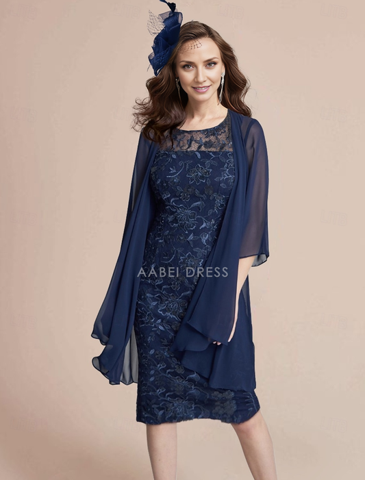 AABEI DRESS Wedding Guest Dress Elegant Two Piece Sheath Jewel Neck 3/4 Length Sleeve Knee Length Lace Wrap Included Jacket Dresses Retro Mother of the Bride Dress