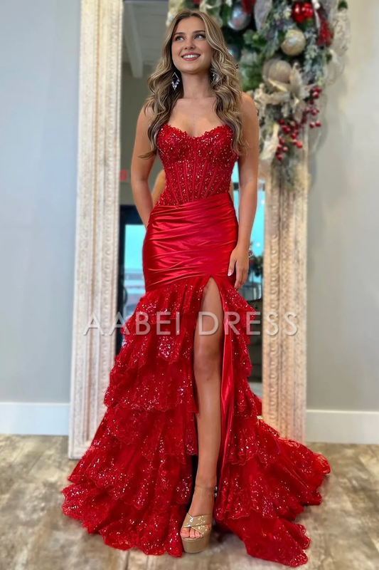 AABEI DRESS Prom Dress Glitter Mermaid Strapless Long Tiered Layering Sequin Side Fork Luxurious Formal Dress