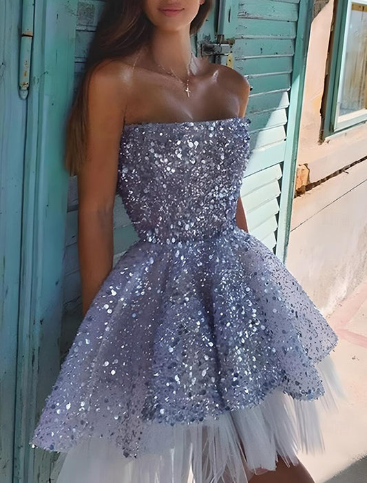 AABEI DRESS New Homecoming Dress A-Line Sequin Holiday Graduation Sleeveless Strapless Tulle Sparkle Fashion Short Prom Dresse