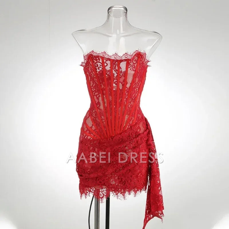 AABEI DRESS New Homecoming Dress Sexy Lace Dress Solid Color Sheer High Waist Elegant Printed Strapless Slim Evening Dress Prom Dress