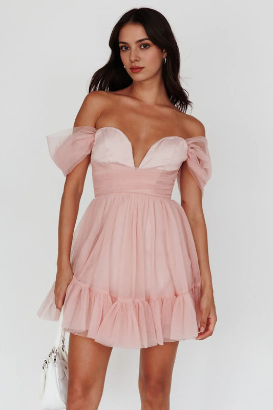Fantastic A Line Off-Shoulder Deep V Neck Lace-Up Backless Ruched Dress Pink Cute Mini Dress Hot Sale Homecoming Dress