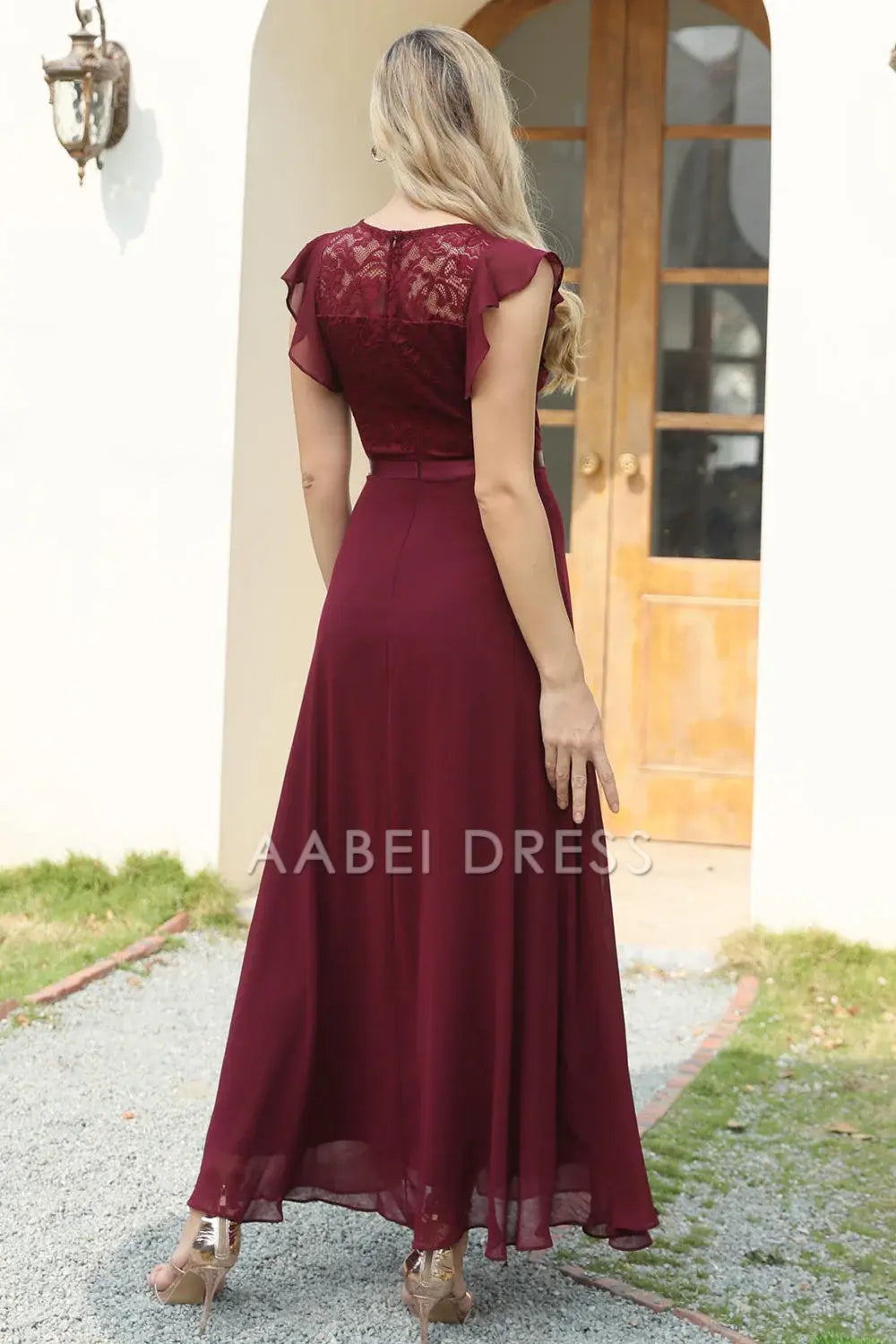 AABEI DRESS Hot Sale Prom Dress Elegant Lace Round Neck Chiffon Flowing Sleeves Simple Formal Dress