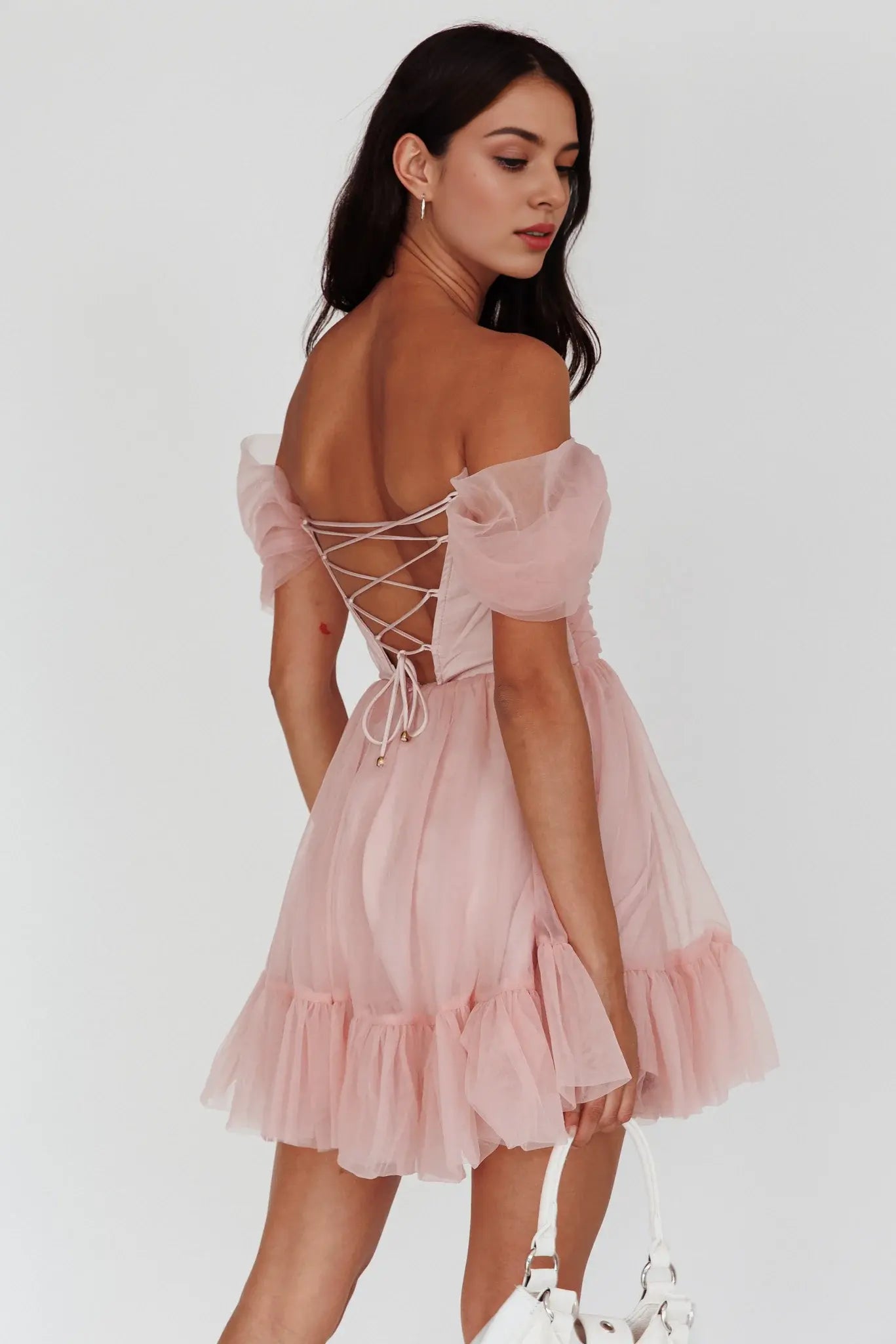 Fantastic A Line Off-Shoulder Deep V Neck Lace-Up Backless Ruched Dress Pink Cute Mini Dress Hot Sale Homecoming Dress