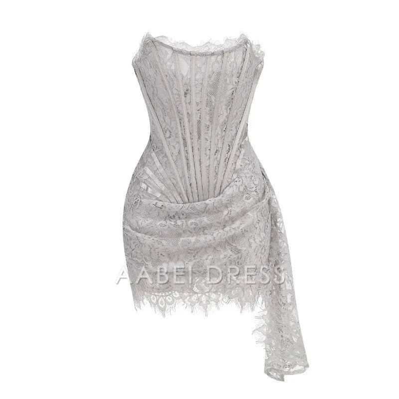 AABEI DRESS New Homecoming Dress Sexy Lace Dress Solid Color Sheer High Waist Elegant Printed Strapless Slim Evening Dress Prom Dress