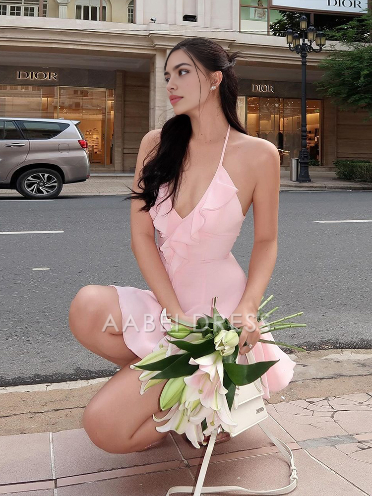 AABEI DRESS New Homecoming Dress Halter Ruffles V-Neck Dress Backless Elegant Sexy Fashion Party Clubwear Mini Dress