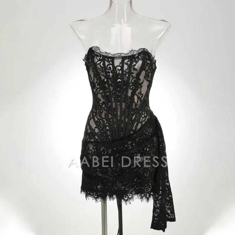 AABEI DRESS New Homecoming Dress Sexy Lace Dress Solid Color Sheer High Waist Elegant Printed Strapless Slim Evening Dress Prom Dress