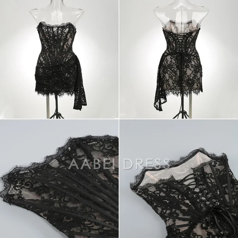 AABEI DRESS New Homecoming Dress Sexy Lace Dress Solid Color Sheer High Waist Elegant Printed Strapless Slim Evening Dress Prom Dress