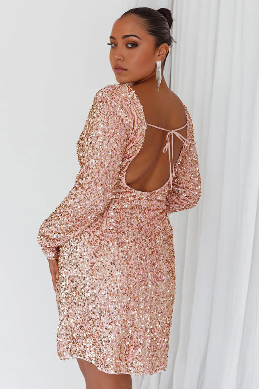 Blush Sequin Sheath Boat Collar Long Sleeve Open Back Slit Sparkle Dress Charming Plus Size Mini Dress Hot Sale Homecoming Dress