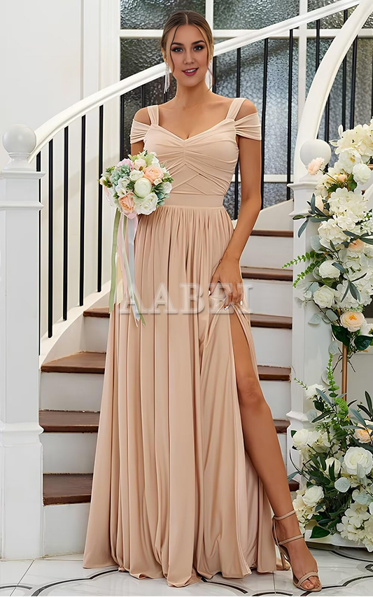 Formal Wear Dresses Bridesmaid Dresses Elegant A Line Off The Shoulder Pleated Side Fork Chiffon Wedding Guest Dresses