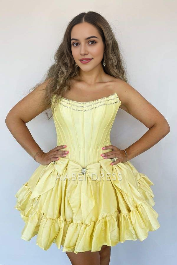 AABEI DRESS New Homecoming Dress Cute Satin A-Line Bateau Strapless Beaded With Bows Fashion Short Prom Dresse